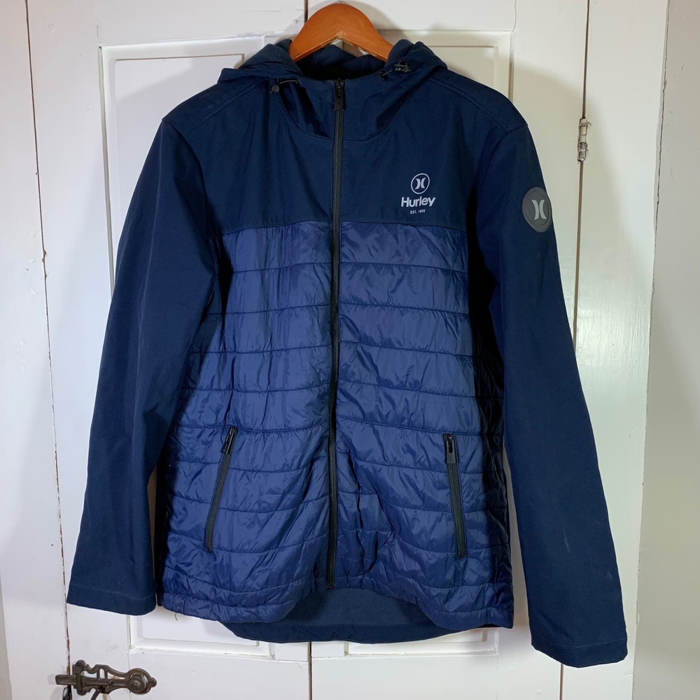 Hurley Men's Quilted Puffer Lightweight Jacket Hooded Navy Blue‎ Size L Sporty